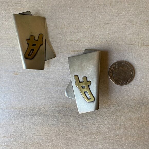 Vintage Sterling Silver Brutalist Modernist Chunky Brass Clip on Earrings - Picture 4 of 11